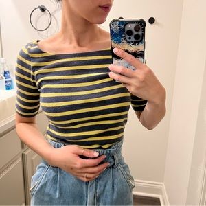 Grey & Yellow Striped Boatneck Knit Half Sleeve Top